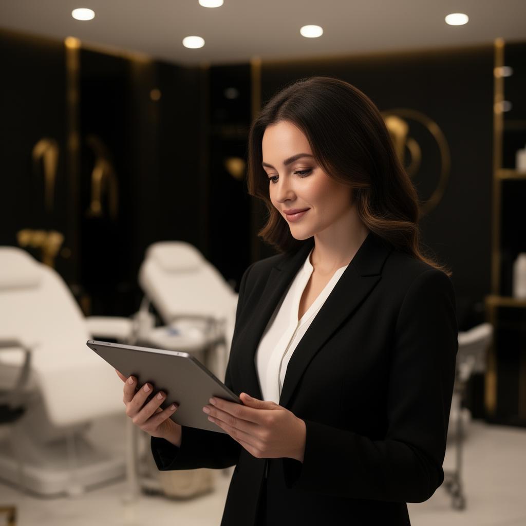Dona de clínica de estética analisando resultados do negócio
